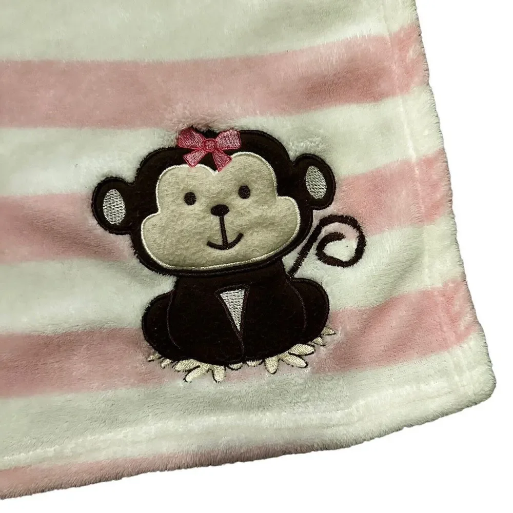SNUGLY BABY Pink White Striped Print Fleece Monkey‎ Bow Blanket Lovey HTF